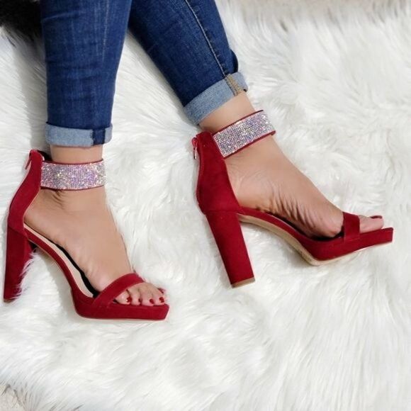 Shoes - Women's Rhinestone Ankle Band Chunky High Heels Wine Color